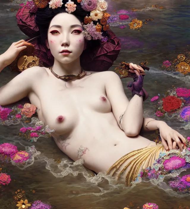 Prompt: baroque portrait of one steampunk bohemian geisha woman of porceline skin lying down in a river made of thousand of flowers, cinematic lighting, photorealistic, octane render, 8 k, depth of field, art by artgerm and greg rutkowski and alphonse mucha and uang guangjian