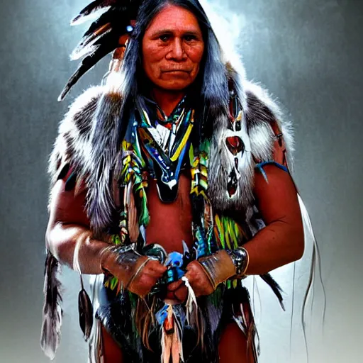 Image similar to photo of a real-life futuristic cyber native american warrior