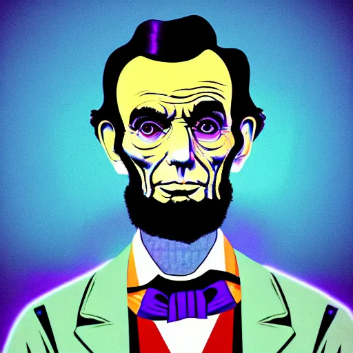 Image similar to vector abe lincoln in hoodie, portrait, vaporwave, synthwave, neon, vector graphics, cinematic, volumetric lighting, f 8 aperture, cinematic eastman 5 3 8 4 film