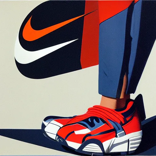 Prompt: retro futuristic Nike air trainer sneakers with straps by syd mead, grainy matte painting, geometric shapes