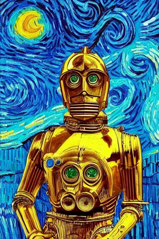 Prompt: bright beautiful oil painting portrait of c 3 po dressed like a 1 9 th century dandy, light scatter, van gogh