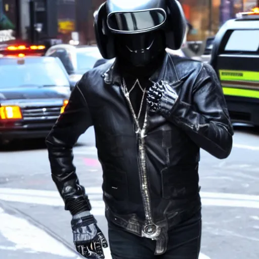 Prompt: kid rock wearing a daft punk helmet running after an ambulance in downtown new york city