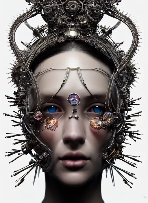 Image similar to portrait of an absurdly beautiful, graceful, sophisticated, fashionable cyberpunk mechanoid, hyperdetailed illustration by irakli nadar and vania zouravliov, matt wisniewski style, intricate linework, white porcelain skin, faberge headdress, agate spikes, unreal engine 5 highly rendered, global illumination, radiant light, detailed and intricate environment