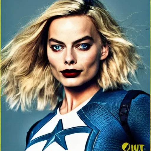 Image similar to margot robbie model as captain america model photoshoot closeup avengers harley quinn