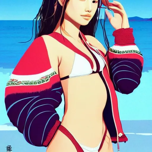 Image similar to a beautiful young japanese natalie portman alluring gravure model, stylized concept art, wearing elegant designer bomber jacket and one piece bikini, bomber jacket with mesoamerican patterns, mesoamerican native street fashion, princess mononoke, painted by ilya kuvshinov aesthetic, gorgeous, stunning, alluring, attractive, artstation, pinterest, digital art
