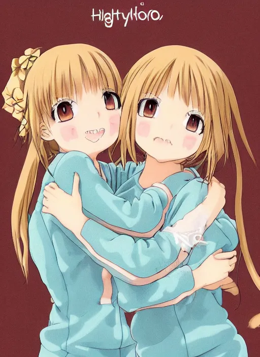 Prompt: highly detailed portrait of one blonde and one brown haired anime girl in onesies hugging each other looking at us, detailed eyes, happy, excited, digital art, cute, anime, detailed faces, well drawn faces, cute faces, hand drawn, 8 k, trending on artstation, official media, in the style of hayao miyazaki