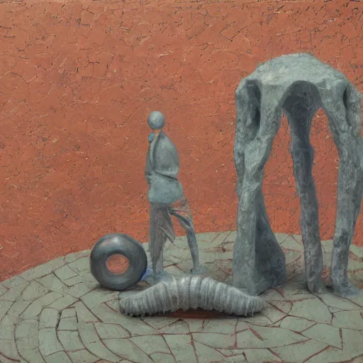 Prompt: a detailed, impasto painting by shaun tan and louise bourgeois of an abstract forgotten sculpture by ivan seal and the caretaker, memory loss