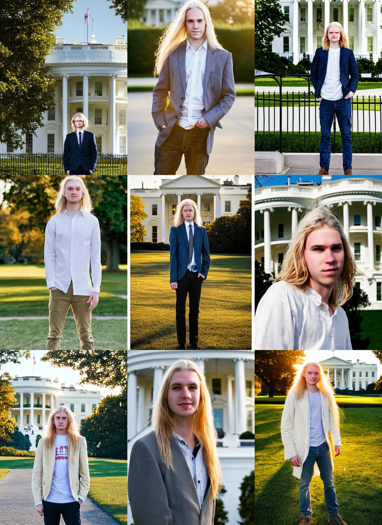 Prompt: a pale young man with really long blond hair in front of the white house, high quality, portrait photography, golden hour