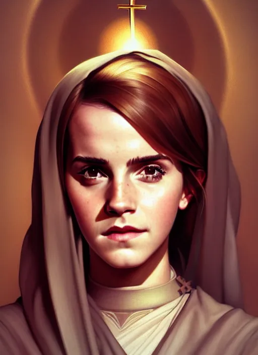 Image similar to portrait of emma watson as sultry nun, catholic, church, cross, intricate, headshot, highly detailed, digital painting, artstation, concept art, sharp focus, cinematic lighting, illustration, art by artgerm and greg rutkowski, alphonse mucha, cgsociety