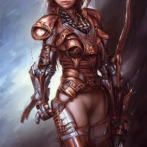 Image similar to portrait of a female elf orc by ayami kojima, she is about 2 0 years old, american pretty, copper hair, annoying but friendly, she is wearing a modern tactical gear, scifi, highly detailed portrait, digital painting, artstation, concept art, smooth, sharp foccus ilustration, artstation hq