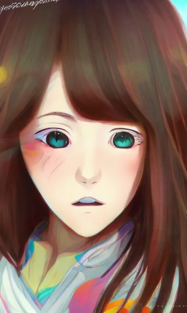 Prompt: a colorful scene of a girl with brown hair, anime, detailed background, female, portrait, trending on artstation, by studio ghibli