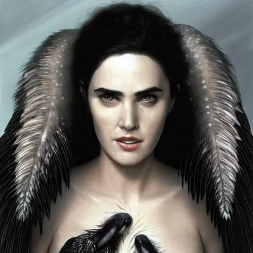 Prompt: young innocent jennifer connelly as alien bird - woman, gray skin, wearing black hooded cloak, huge wings, black feathers instead of hair, black feathers growing out of skin, bumpy skin, screaming, losing control, black feathers growing out of face, black hands with black claws, comic book, giger, mucha, trending on artstation