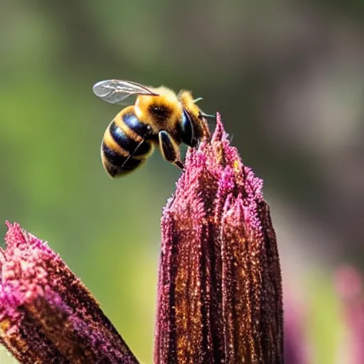 Image similar to a bee trying to reach a flower in a forest on fire, there is fire everywhere, macro photography, ambient light