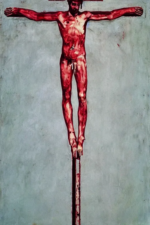 Image similar to bloody jesus christ crucified painted by cy twombly and andy warhol