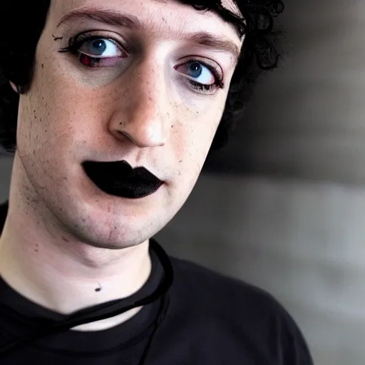 Prompt: goth mark zuckerberg choker necklace punk rock dark lipstick eyeliner at the skatepark