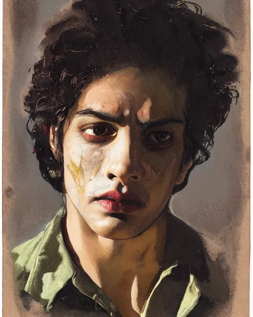 Prompt: a beautiful but sinister ethnically ambiguous young man in layers of fear, with haunted eyes and wild hair, 1 9 7 0 s, seventies, woodland, a little blood, moonlight showing injuries, delicate embellishments, painterly, offset printing technique, by brom, robert henri, walter popp