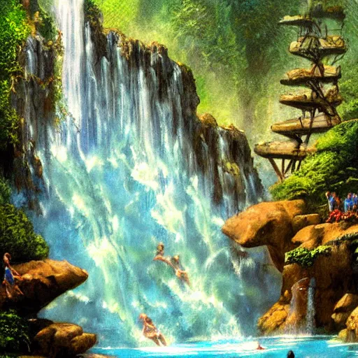 Prompt: mountainous waterfall waterpark with rock waterslides painting by brain froud, charles vess, cinematic lighting, epic composition, highly detailed