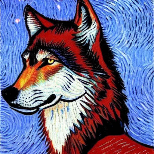 Image similar to A wolf, van gogh style, 8k, high quality, red blue color