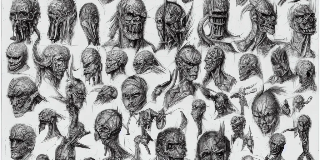 Image similar to highly detailed character sheet, expressive facial features, technical drawing, frontal and side views, human head, game protagonist designs, side - scrolling 2 d platformer, art by h. r. giger, kim jung gi and burne hogarth