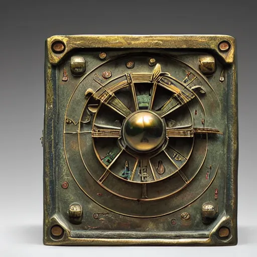 Prompt: a martian artifact of a mechanical astrological machine in a museum with a placard, bronze, old, alien, verdigris, mechanical