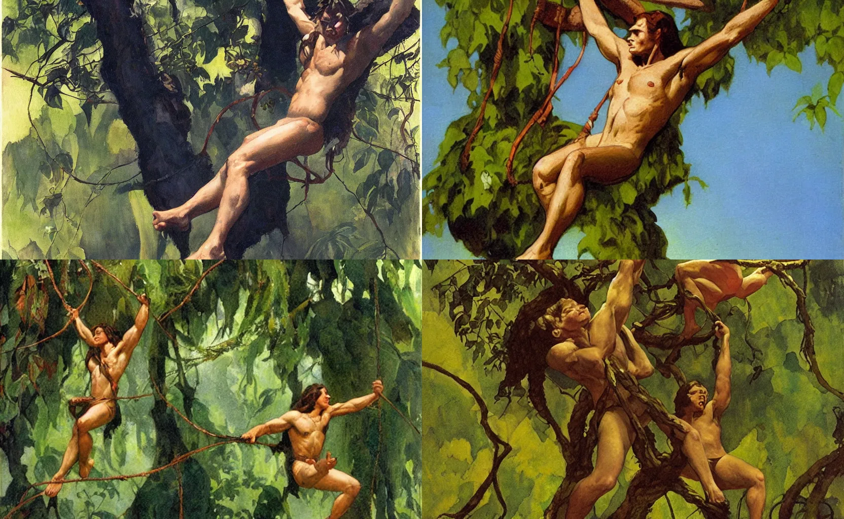 Prompt: tarzan swinging on a vine by james gurney and n.c. wyeth