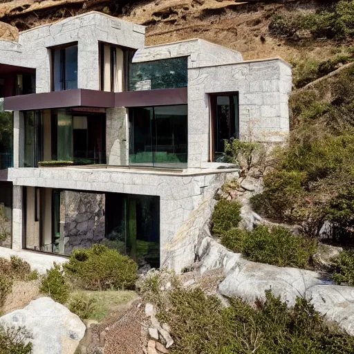 Prompt: contemporary cliffside villa, made of stone and intricate gold details