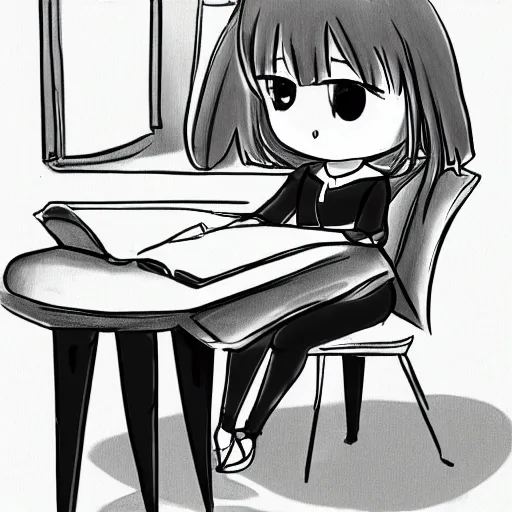 Prompt: anime drawing of a girl sitting at a desk studying, trending on artstation