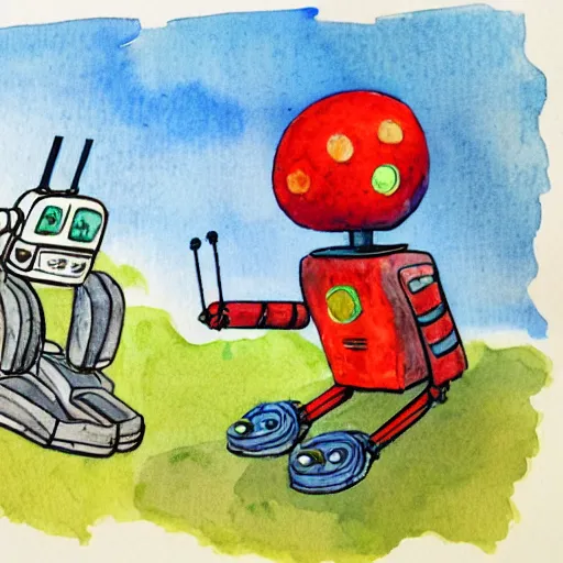 Image similar to a children's book watercolor illustration of a broken robot