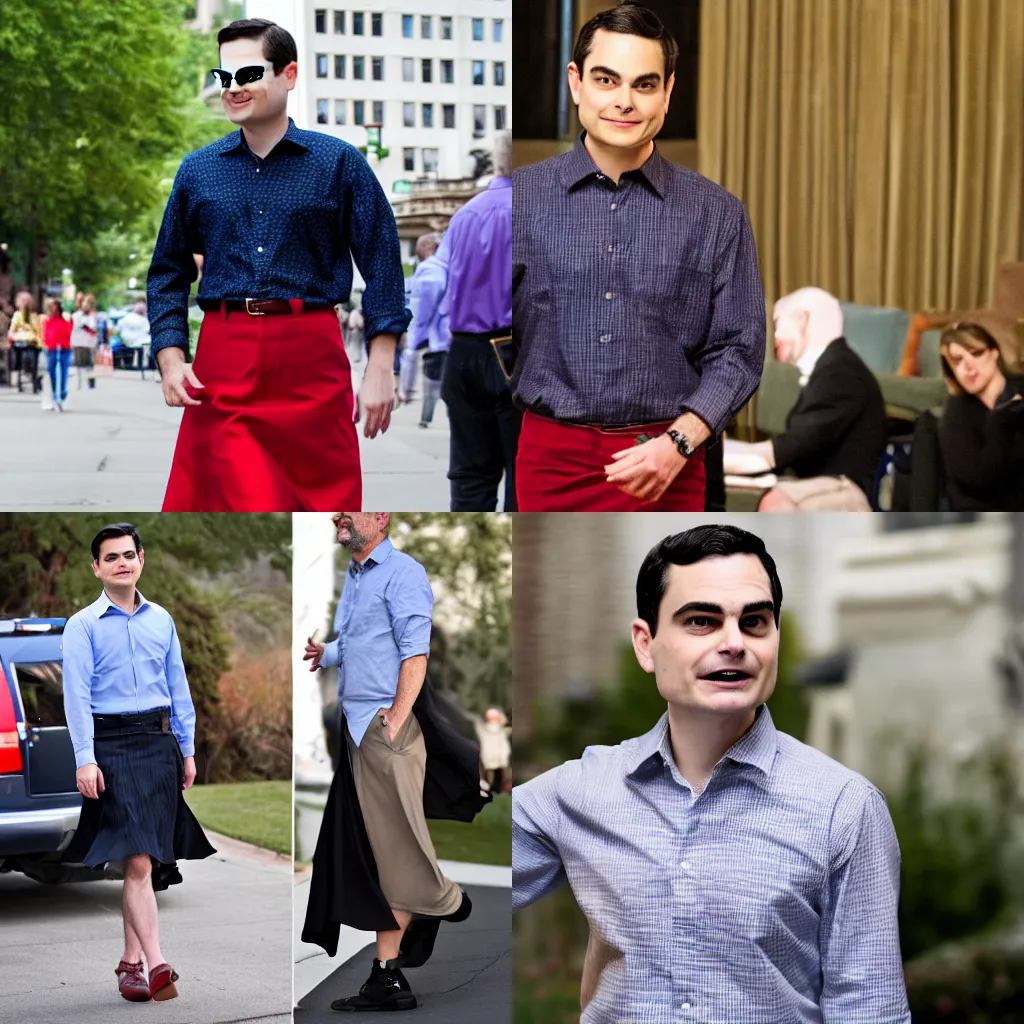 Prompt: ben shapiro wearing a fancy skirt, hd candid photography