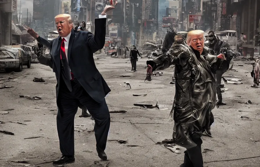 Prompt: trump dancing, heroic shot, post apocalyptic, cyberpunk