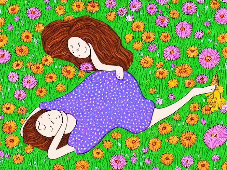 Image similar to drawing of girl laying down in the lawn full of flowers that smells like honey amongst forest with her soul connected to the nature around her. in naive art style