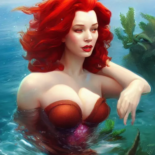 Image similar to Christina Hendricks as the little mermaid by Stanley Artgerm Lau, WLOP, James Jean, Andrei Riabovitchev, Marc Simonetti, Yoshitaka Amano, ArtStation, CGSociety