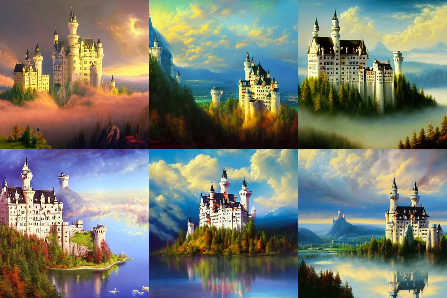 Prompt: castle neuschwanstein floating in the clouds, surreal dreamscape, painting by paul lehr and mark Keathley