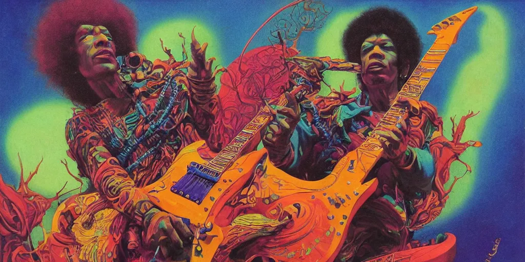 Prompt: colourful afrofuturist biomorphic opart, jimi hendrix playing guitar, pascal blanche, josh kirby, roger dean, giger, arthur rackham, moebius, syd mead, beksinski, greg hildebrandt, scifi, 8 k