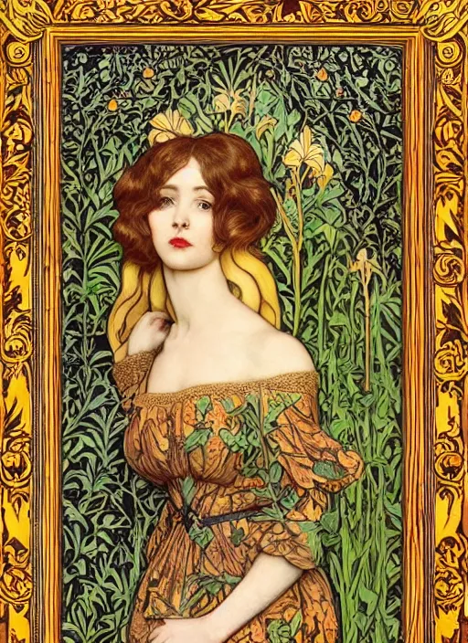 Image similar to masterpiece beautiful seductive flowing curves pinup pose preraphaelite face portrait photography, extreme close up shot, straight bangs, thick set features, yellow ochre ornate medieval dress, amongst inside foliage mushroom forest circle arch, william morris and kilian eng and mucha, framed, 4 k