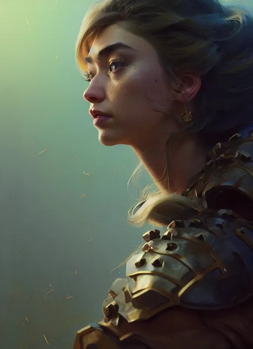 Image similar to side portrait, imogen poots, paladin, gloomhaven, organic painting, hard edges, luminescent, octane render, by greg manchess, huang guangjian, gil elvgren, sachin teng, greg rutkowski, jesper ejsing, rhads, ilya kuvshinov, cushart krenz