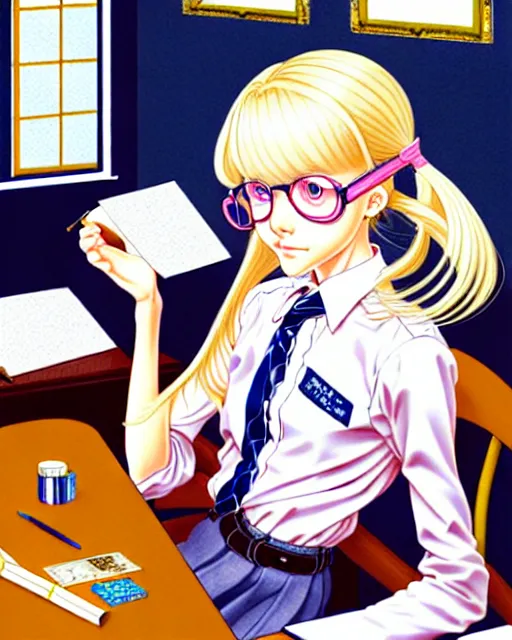 Image similar to illustration depicting a wealthy young mischievous female prep school student with medium length bright blonde hair and pale skin, in an old study room smoking her dad's cigarettes, complex artistic style, color ink pen illustration, subtle detailing, illustrated by Artgerm and Range Murata.