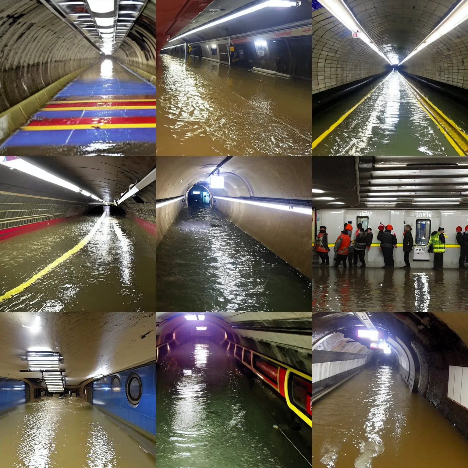 Prompt: a massive water leak in a london underground tube tunnel, water flooding everywhere
