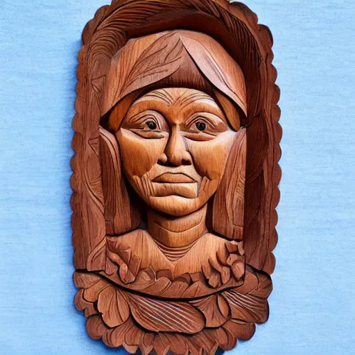 Prompt: wood relief carving of a beautiful woman