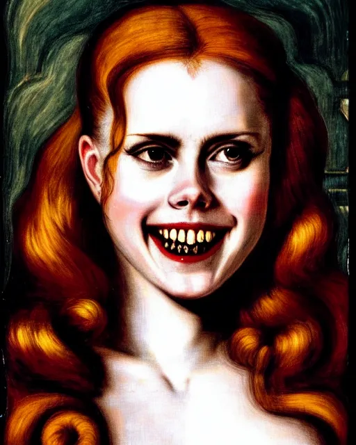 Image similar to style of tintoretto : : gorgeous vampire amy adams : : sharp teeth fangs, open mouth sneer : : symmetrical face, symmetrical eyes : : gorgeous red hair : : magic lighting, low spacial lighting : :