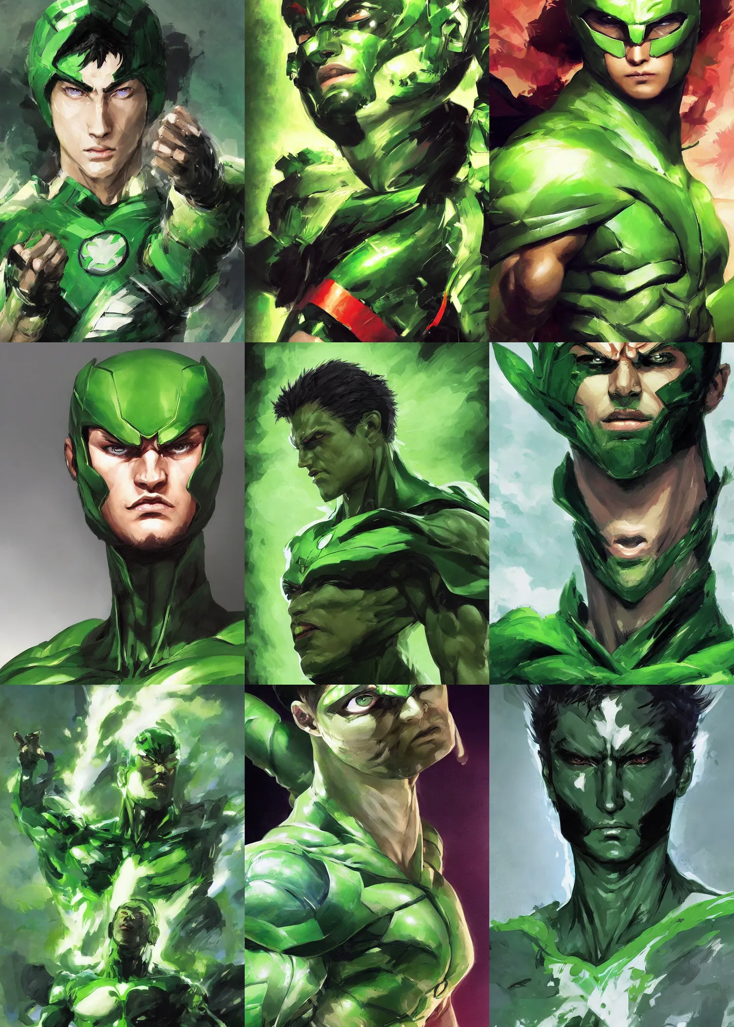 Prompt: 3 / 4 view full body digital art painting of a young man wearing a green super hero costume, beautiful face, defined facial features, symmetrical facial features, symmetrical face, fluffy clouds, painted by stanley lau, artgerm and greg rutkowski and yoji shinkawa, dramatic lighting