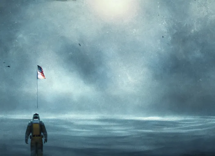 Image similar to astronaut holding a flag in an underwater desert. a submarine is visible in the distance. dark, concept art, cinematic, dramatic, atmospheric, 8 k, trending on artstation, blue, fish, low visibility, fog, ocean floor, christopher nolan, interstellar