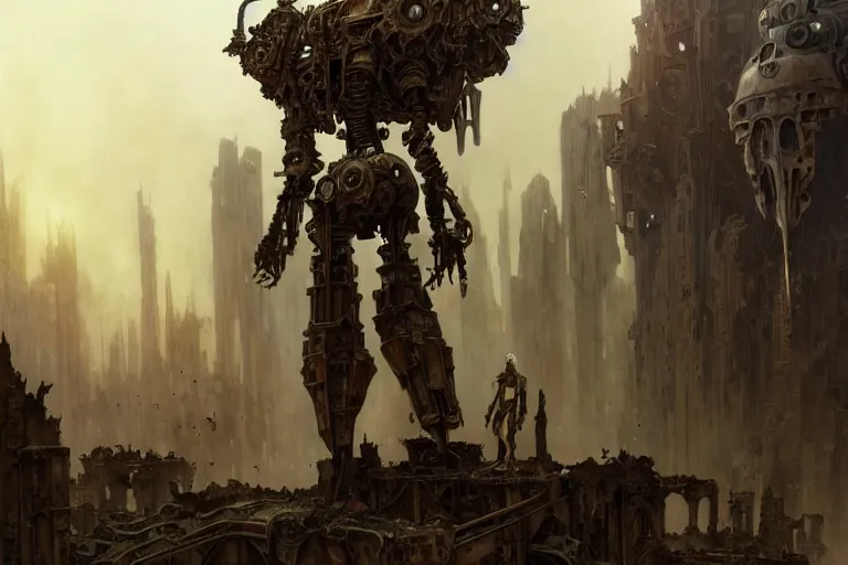 Prompt: a mech standing in a ruined city, fantasy, intricate, elegant, dramatic lighting, emotionally evoking symbolic metaphor, highly detailed, lifelike, photorealistic, digital painting, artstation, concept art, smooth, sharp focus, illustration, art by John Collier and Albert Aublet and Krenz Cushart and Artem Demura and Alphonse Mucha