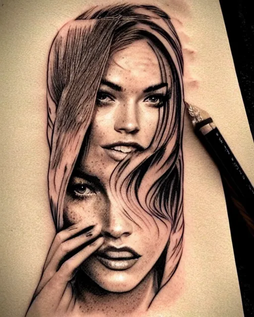 Image similar to creative double exposure effect tattoo design sketch of megan fox faded in beautiful mountain scenery, realism tattoo, in the style of matteo pasqualin, amazing detail, sharp