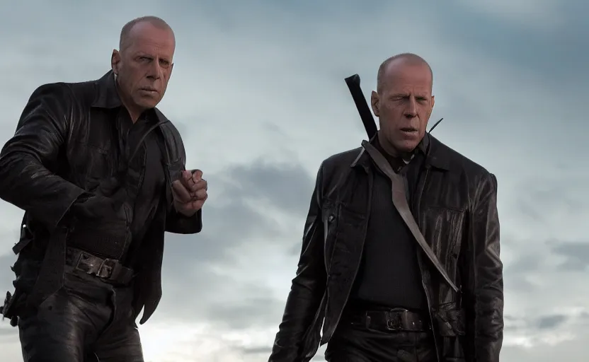 Prompt: photo of bruce willis future vampire hunter, gear up, ultra detailed, movie frame, cinematical composition, 4 k