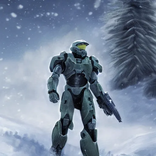 Prompt: master chief on a snowy hill,digital art,realistic,detailed,art by zemotion,trending on deviantart