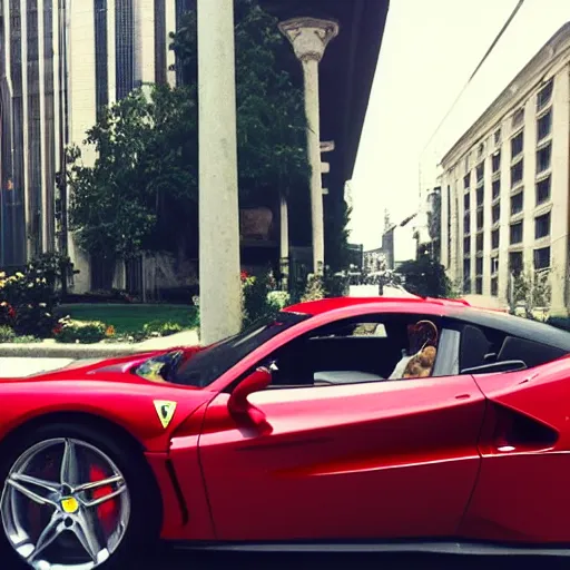 Image similar to bella hadid inside her ferrari roma in sao paulo, very details, photorealistic, dynamic light, ultra realistic, phone photo