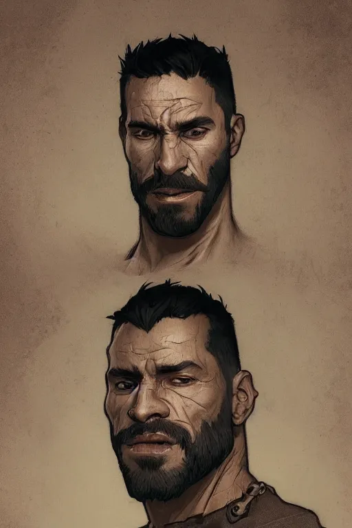 Image similar to very detailed portrait of a rugged man in his mid thirties, strong jaws, latino features, wearing a black t - shirt, earthy color scheme, by wlop and krenz cushart and artem demura and alphonse mucha and artgerm, historical fiction, detailed eyes, starry background, trending, on artstation.