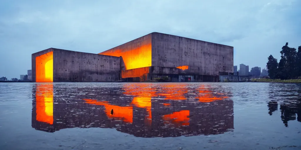 Image similar to huge building in shape of skull by le corbusier brutalism, puddles of water, trees, sunrise, orange glow, by greg rutkowsky and ivan shishkin,