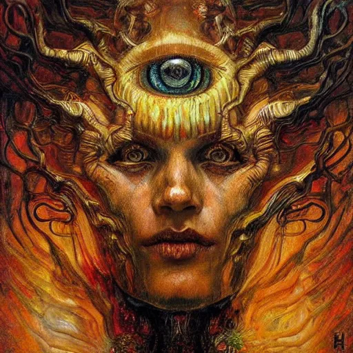 Image similar to Visions of Hell by Karol Bak, Jean Deville, Gustav Klimt, and Vincent Van Gogh, nightmare portrait, infernal, visionary, otherworldly, fractal structures, ornate gilded medieval icon, third eye, hellfire, spirals, horror